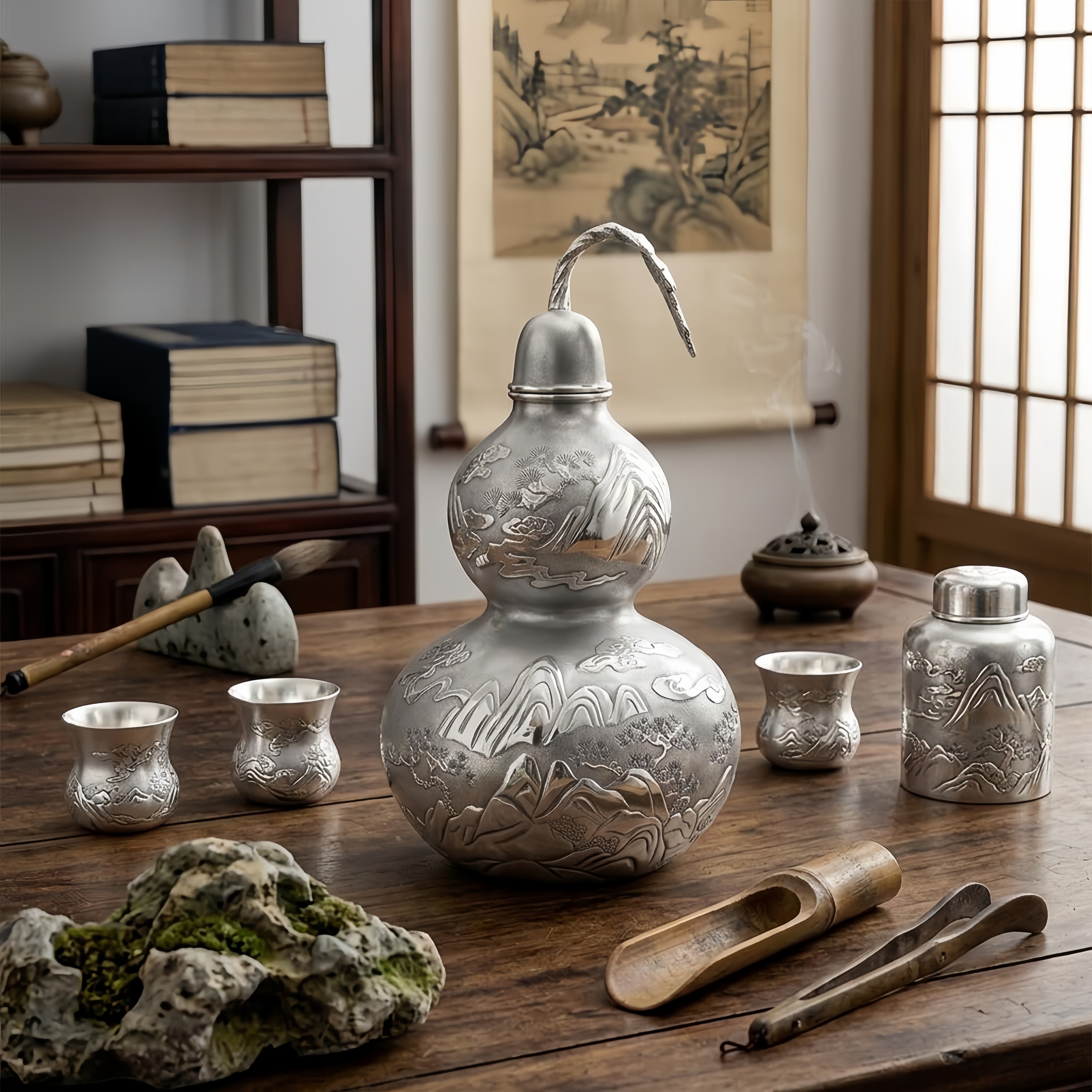 Pure 999 Fine Silver Elegant  Gourd Vessel with Intricate Landscape Engravings-Premium gourd - Handicraft