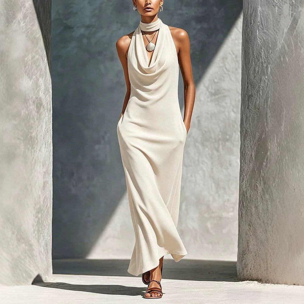 Womens Solid-Colored Sleeveless Elegant Waist-Cinching Halter Dress
