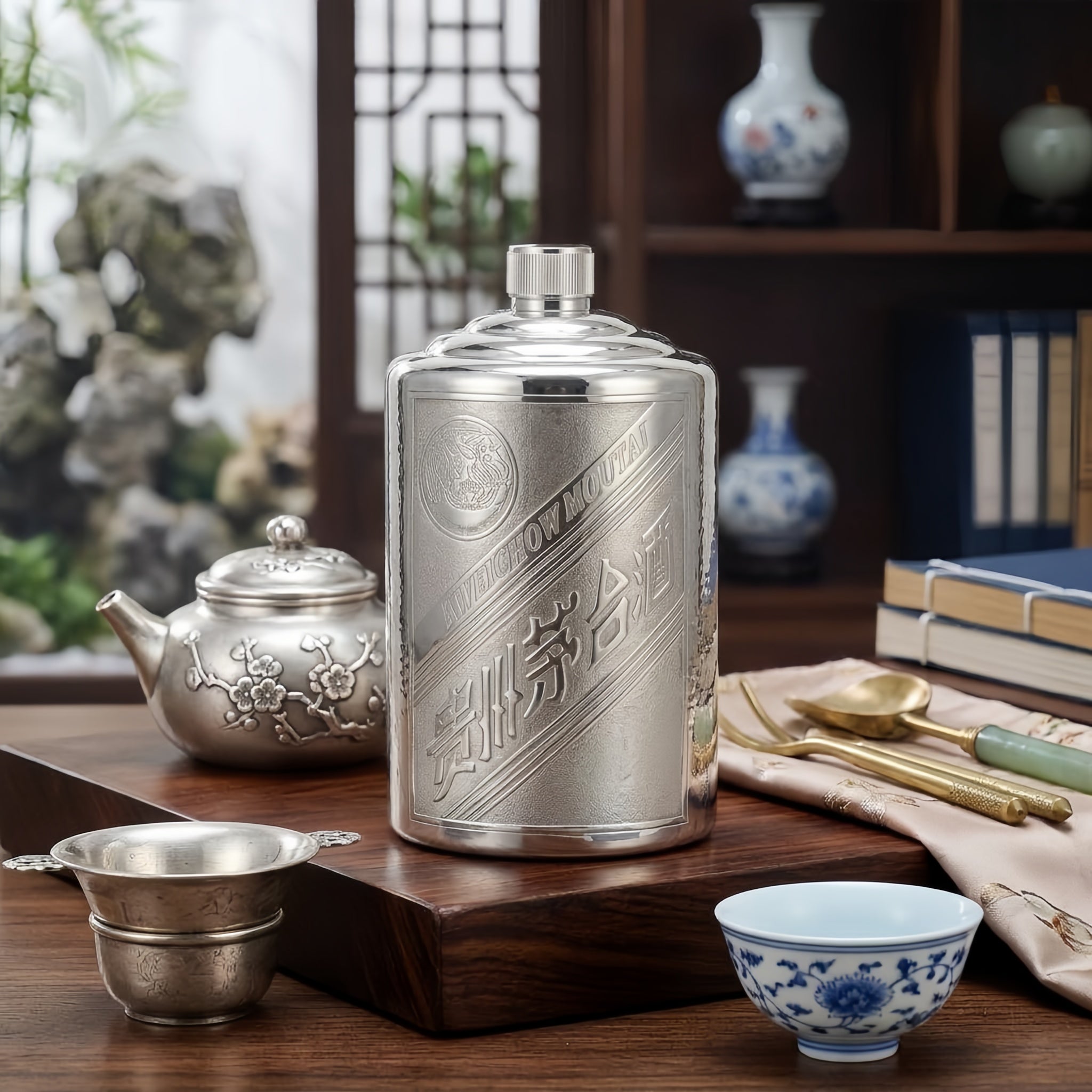 Pure 999 Fine Silver Premium Metallic Kweichow Moutai Flask with Engraved Traditional Labeling - Handicraft