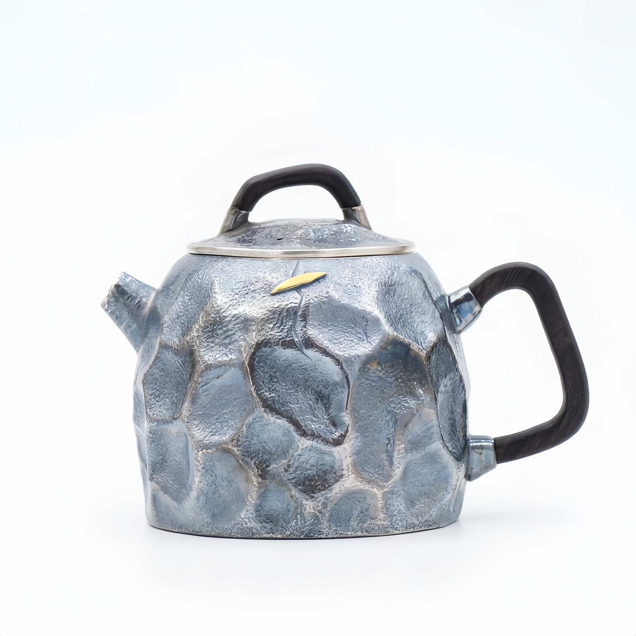Pure 999 Fine Silver Artisan Hammered Silver Teapot with Dark Wood Handle and Gilded Leaf Inlay - Handicraft