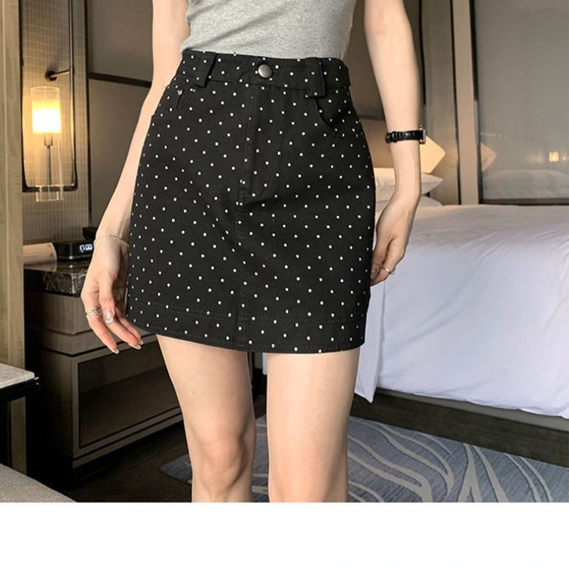 Polka-dot Denim Skirt For Women