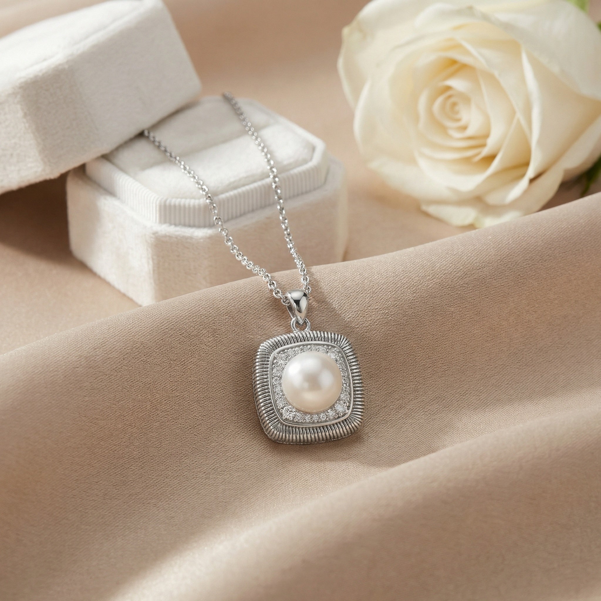 925 Sterling Silver Elegant Square Pearl and Diamond-Accented Pendant Necklace in Sterling Silver