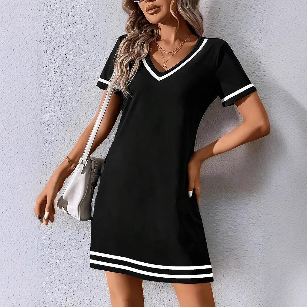 V-neck Fashionable And Elegant Contrast-color Short-sleeve Dress