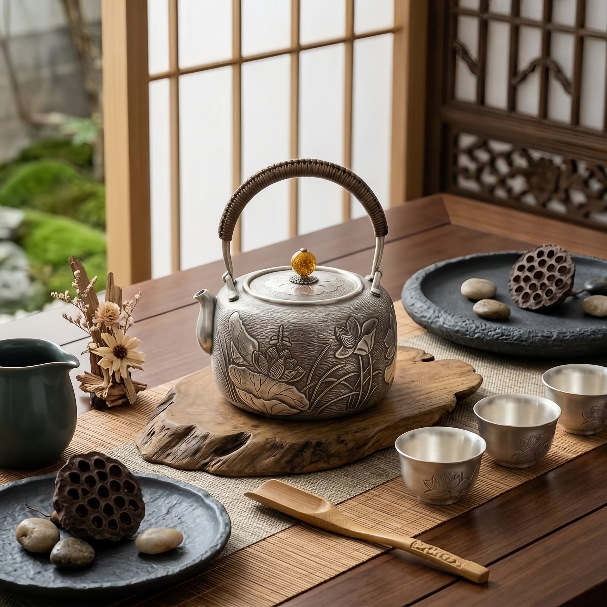 Pure 999 Fine Silver Handcrafted Silver Teapot with Intricate Lotus Relief and Woven Rattan Handle - Handicraft