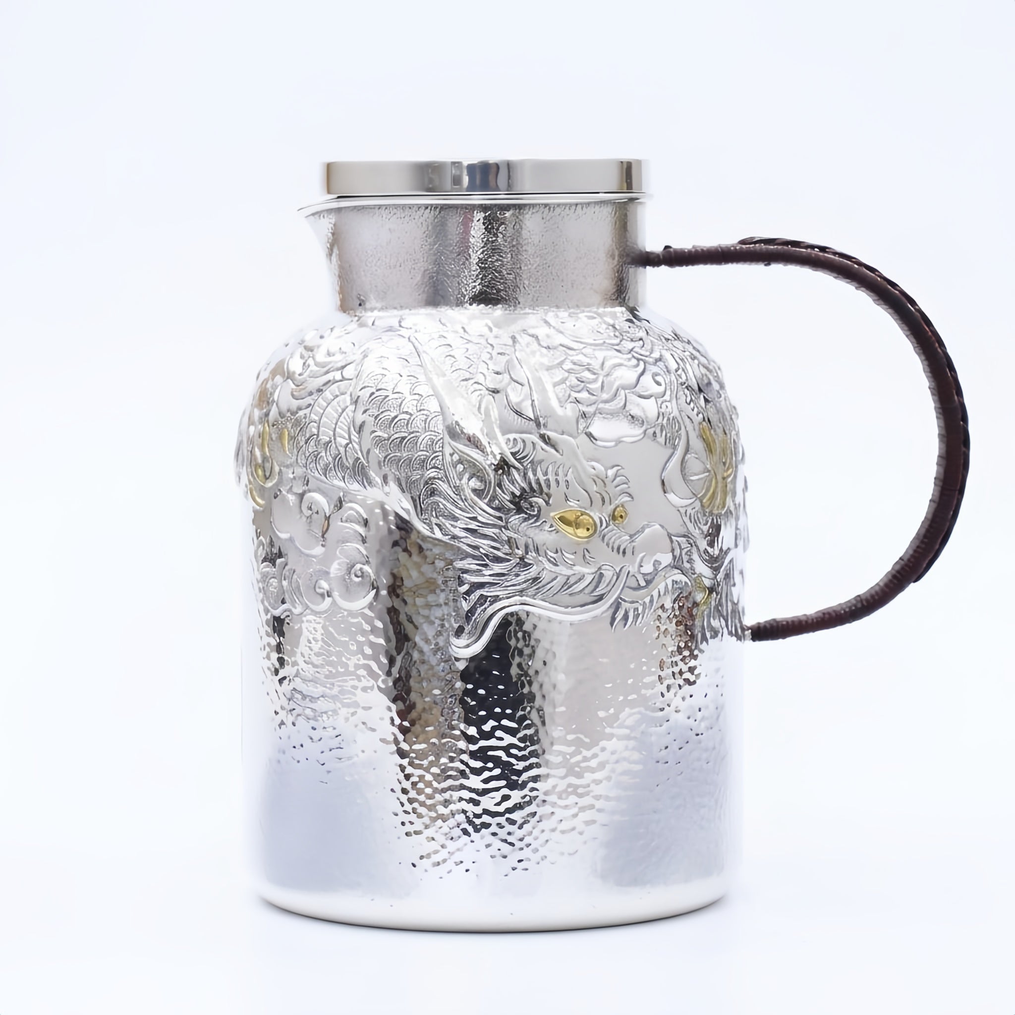 Pure 999 Fine Silver Elegant  Dragon-Embossed Jug with Hammered Texture and Brown Leather Handle-Premium water bottle - Handicraft