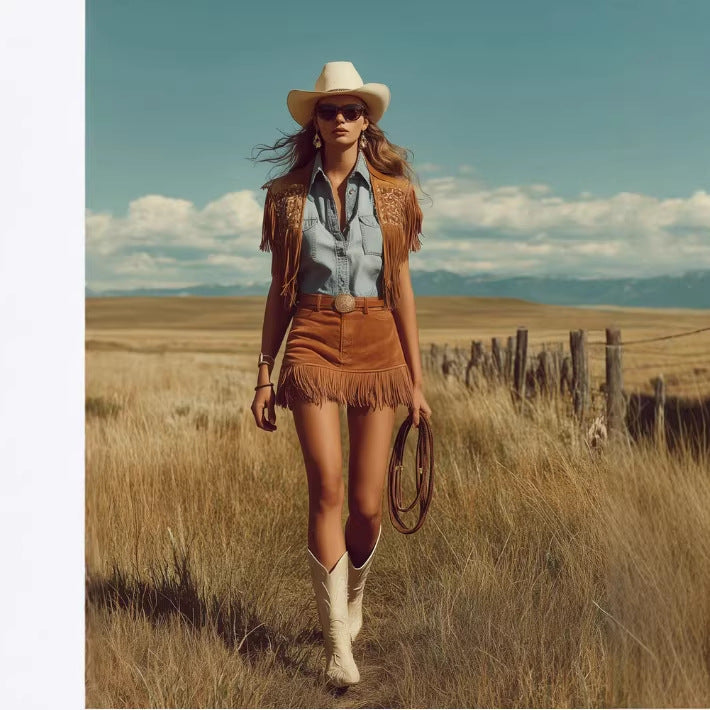 Western Retro Bohemian Style Caramel-Colored Faux Suede Fringe Skirt