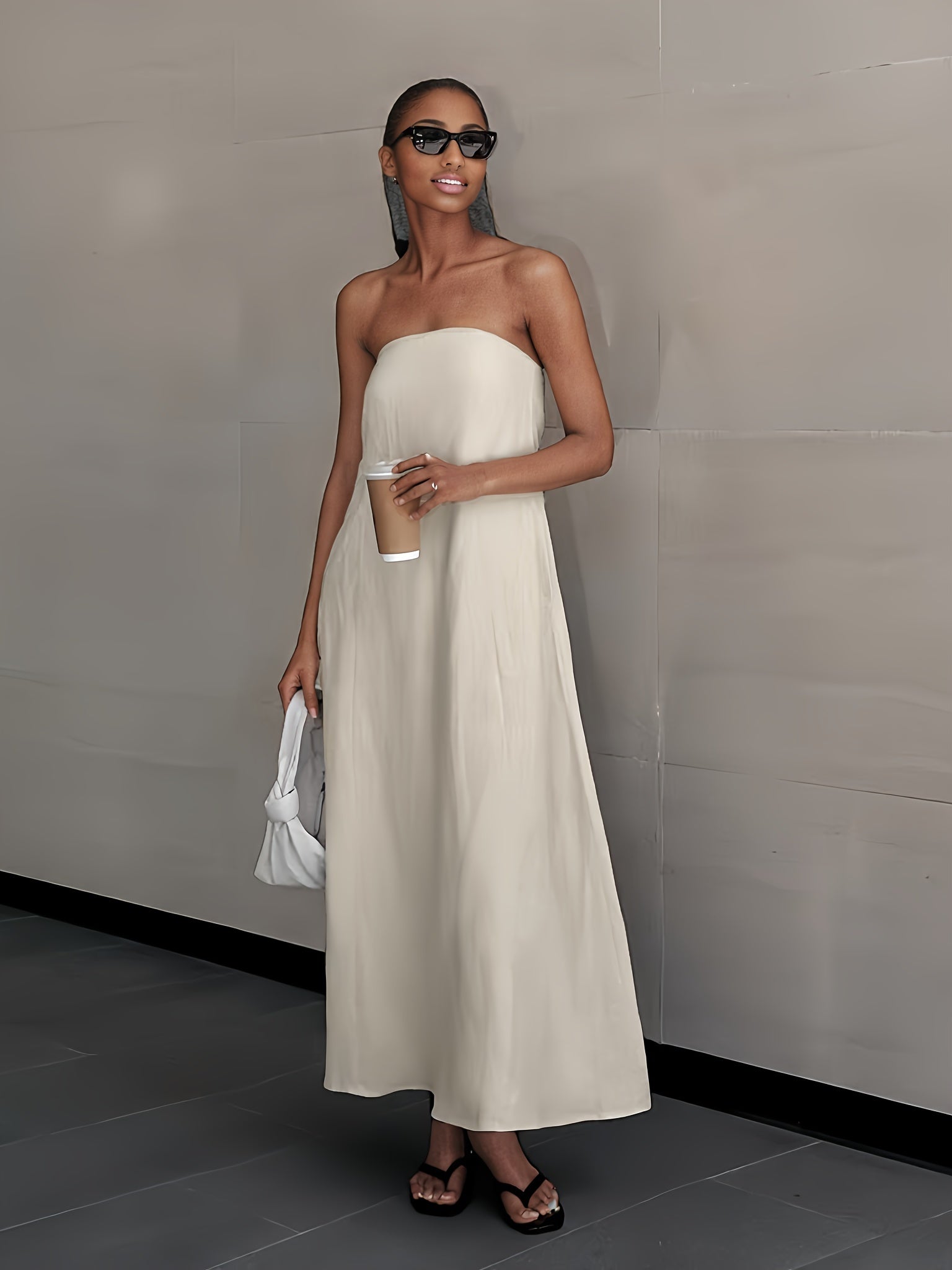 2026 NEW SUMMER Linen Women's High-Waisted Strapless Backless Patchwork Pocket Dress Lightweight Casual Vacation Dress With Smooth Texture, Solid Color Long Dress For Summer