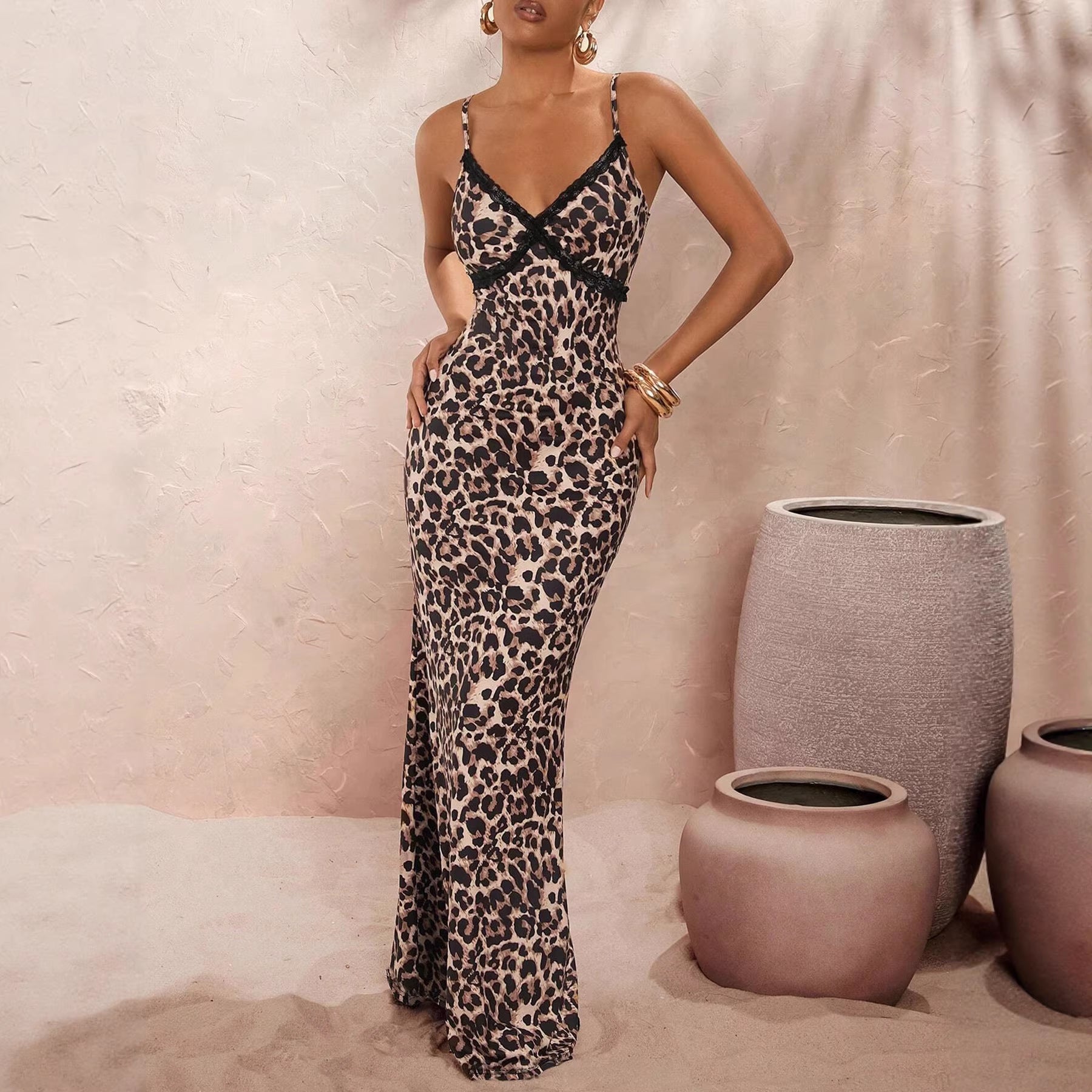 Leopard-Print Polka-Dot Sexy Slip Dress With V-Neck And Elegant Style