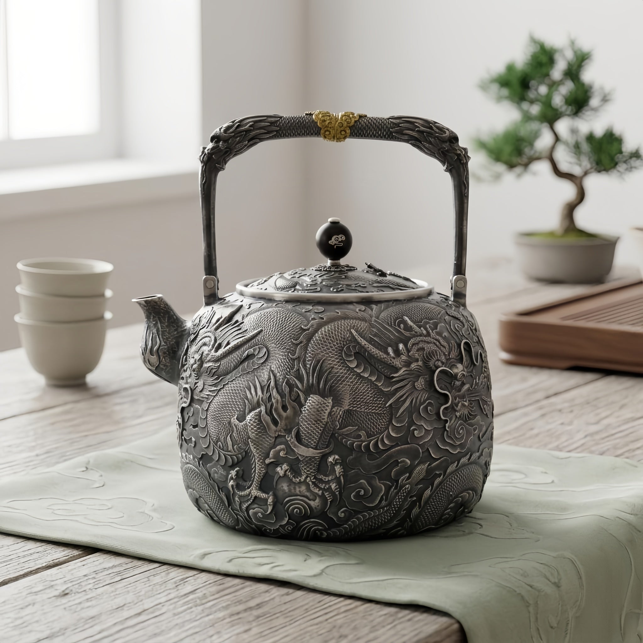 Pure 999 Fine Silver Majestic Hand-Crafted Silver Dragon Teapot with Exquisite Relief Artistry - Handicraft