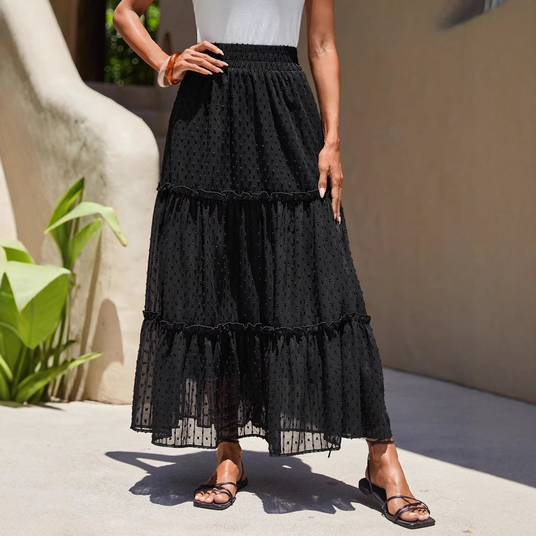 French-style Ruffle-trimmed Lace Patchwork Skirt A-line Slimming Layered Long Dress
