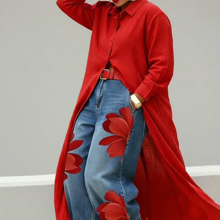 Cotton-linen Shirt Long Top Dress Womens
