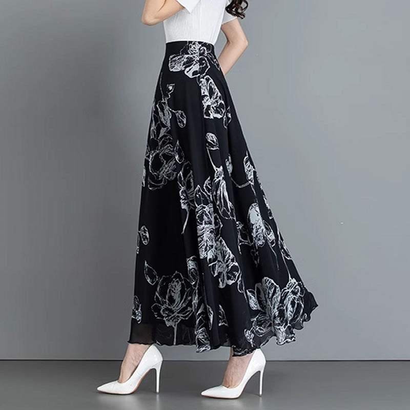 Retro Ink-Print Plus-Size Skirt For Women