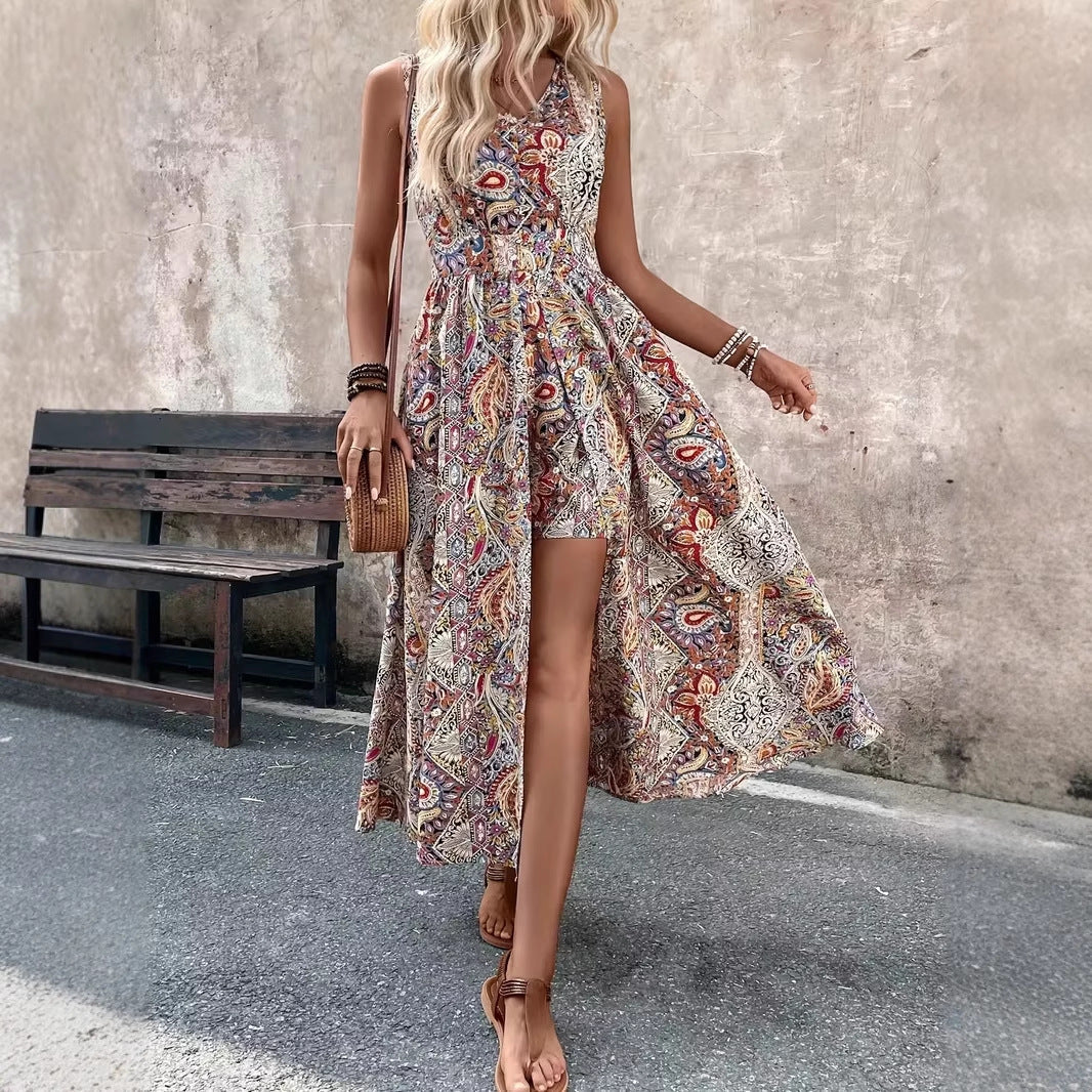 Summer Vacation Casual Chic Fashion Womens Printed V-Neck Sleeveless Jumpsuit