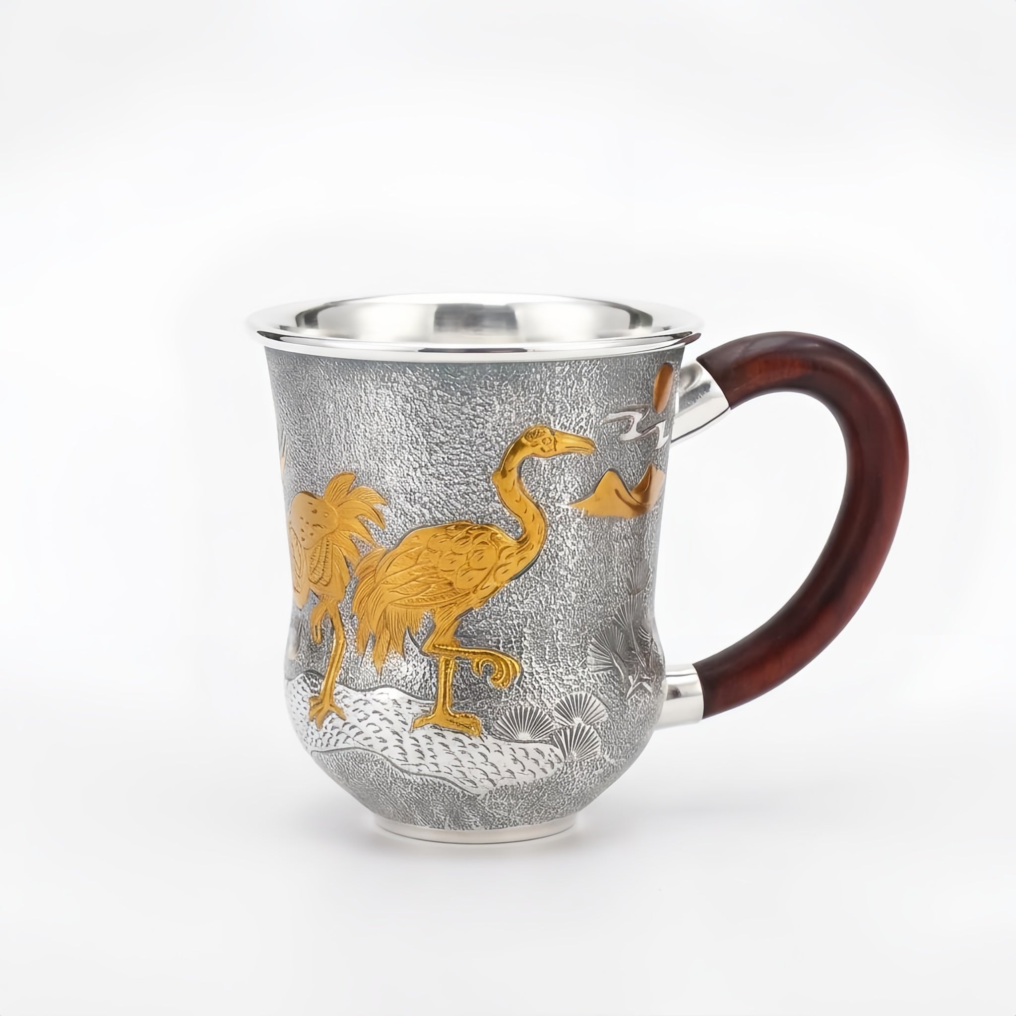 Pure 999 Fine Silver Exquisite Sterling Silver Cup with Crane Relief and Dark Wood Handle - Handicraft