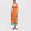 Linen Printed Pleated Elastic Strap Dress