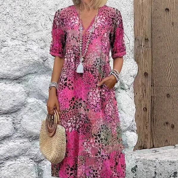 Lace V-neck Short-sleeve Dress For Women