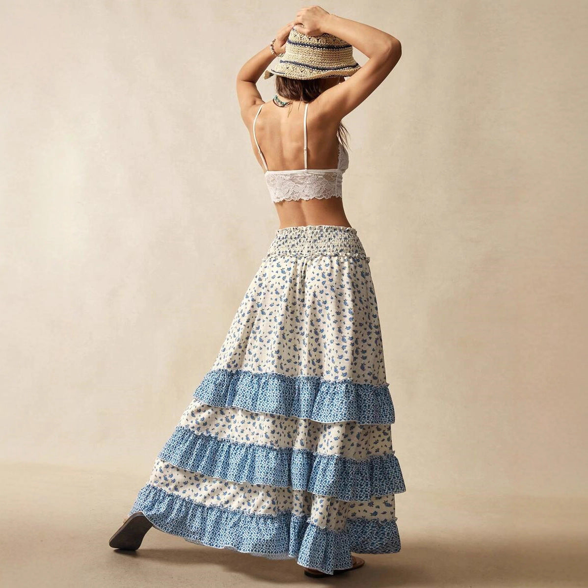 Resort Style Patchwork High Waisted Flattering Floral Midi Skirt