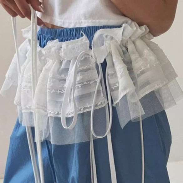 Light And Thin Mesh-Trimmed Lace-Up Short Skirt For Women