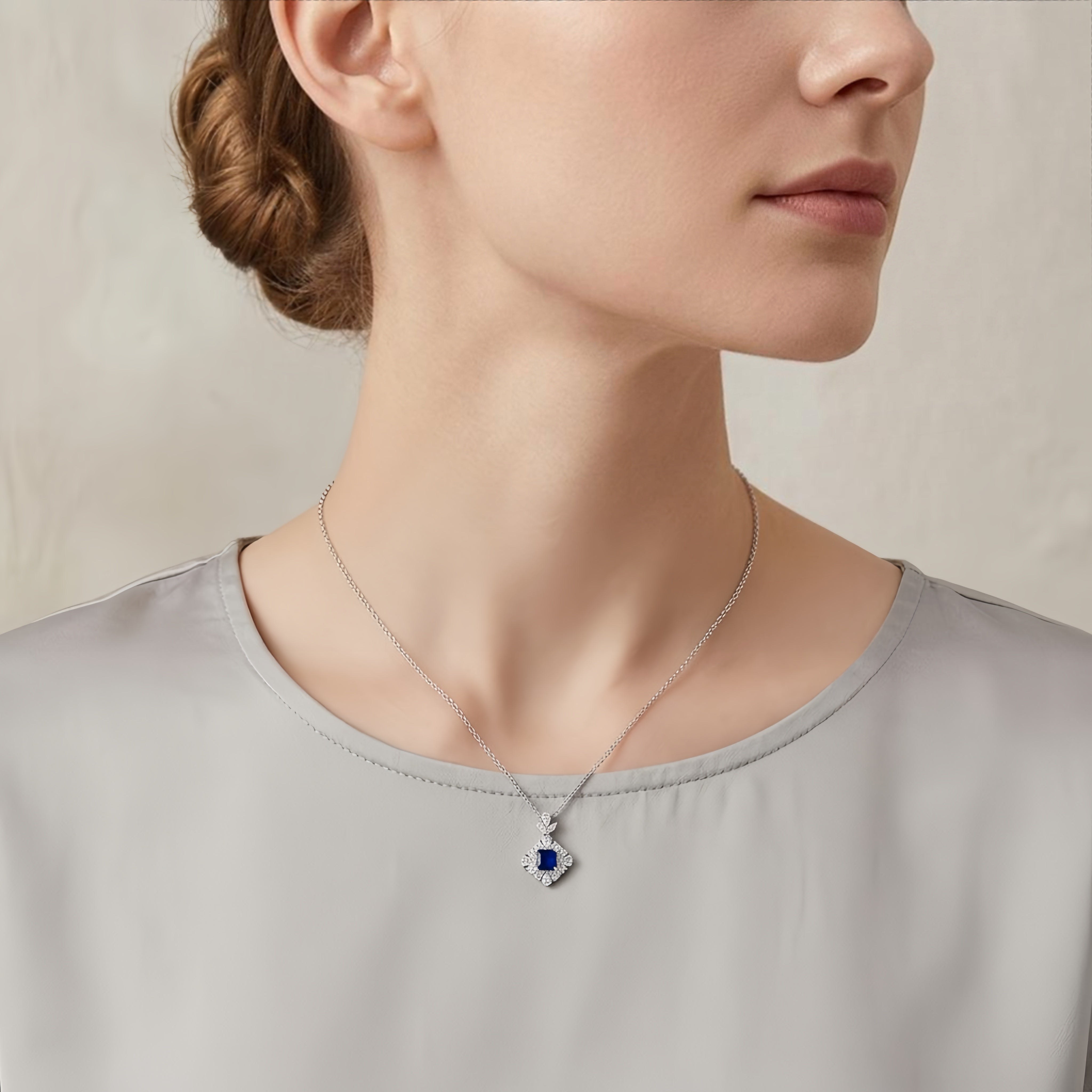925 Sterling Silver Elegant Square-Cut Sapphire Necklace with CZ Halo in White Gold