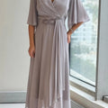 V-Neck Ruched Solid Color Long Dress