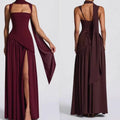 Flowing Ribbon-Trimmed High-Slit Waist-Cinching Lace-Up Maxi Dress
