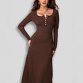 Buttoned Square-neck Long-sleeve Elegant Dress