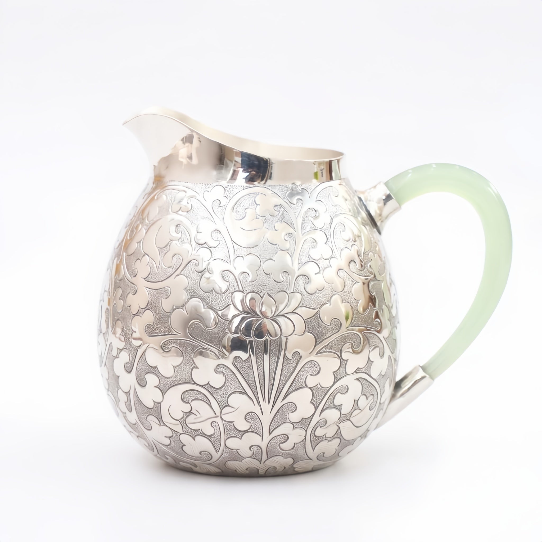 Pure 999 Fine Silver Elegant Ornate Silver Floral Engraved Pitcher Featuring a Delicate Pale Green Handle - Handicraft