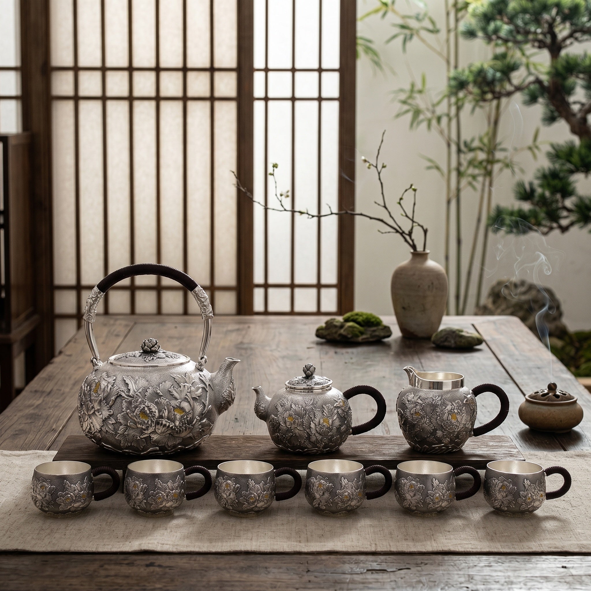 925 Sterling Silver Exquisite Handcrafted Silver Floral Tea Set with Dark Wrapped Handles on Wooden Stand - Handicraft