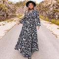 Women's Printed Embroidered Waistband V-neck Dress