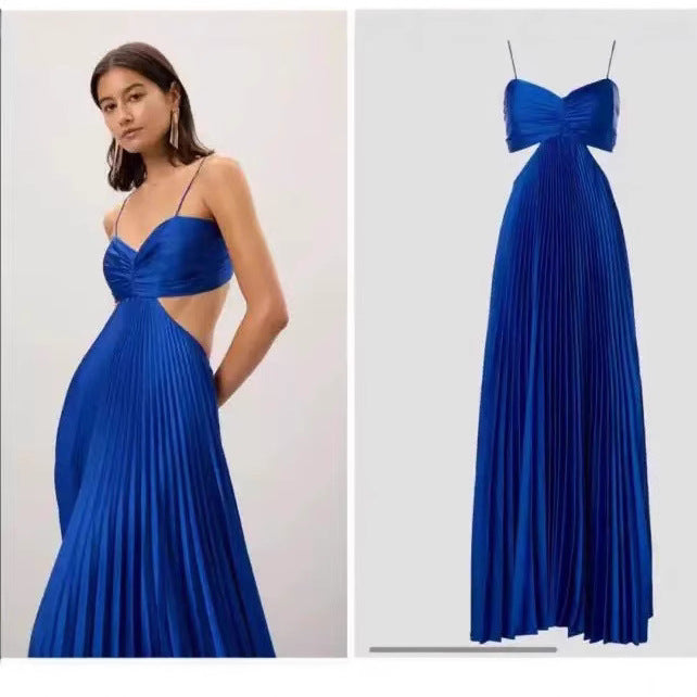 Summer New Solid-Colored Slip Dress With Ties And Pleats