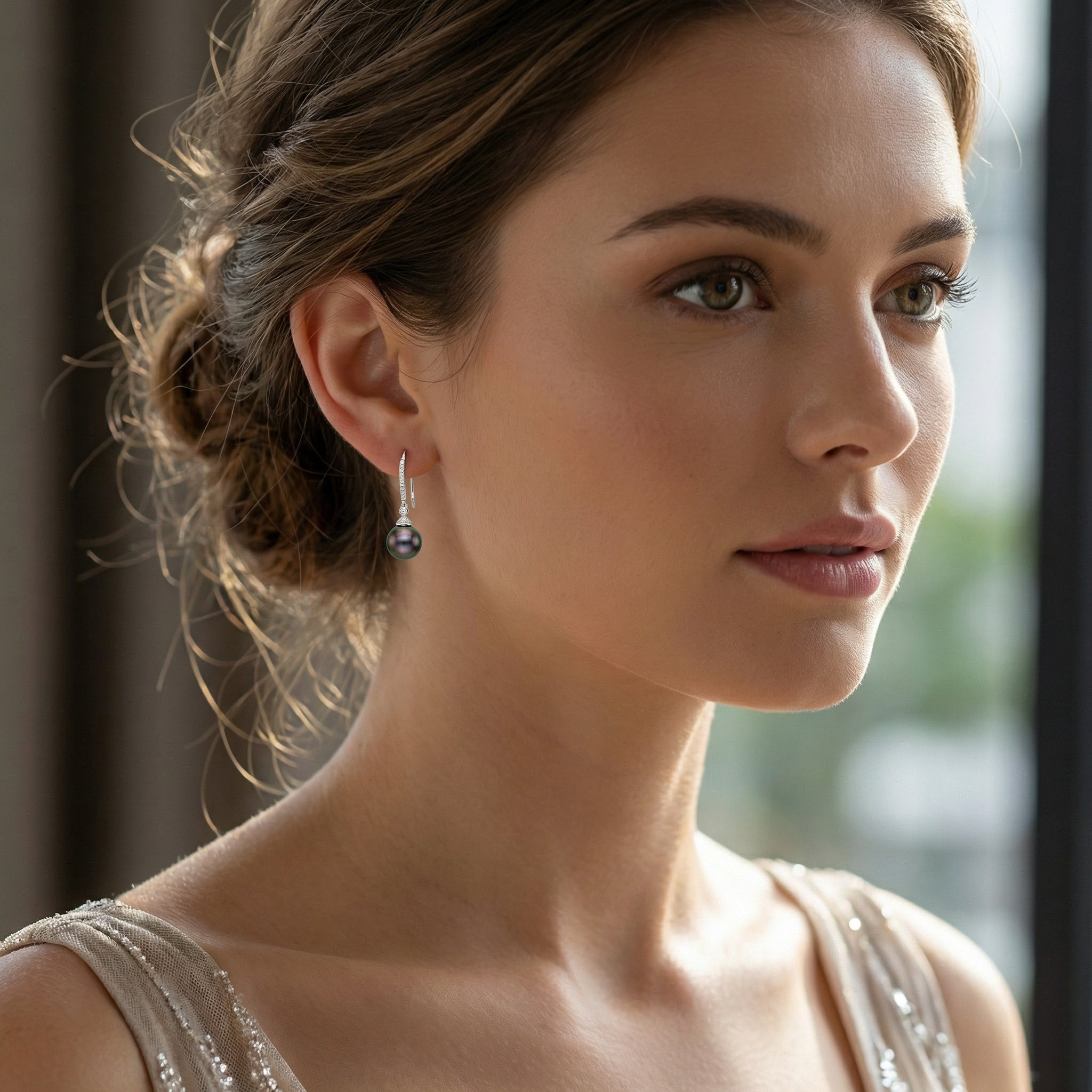 925 Sterling Silver Lustrous Tahitian Pearl and Diamond Drop Earrings in Sterling Silver