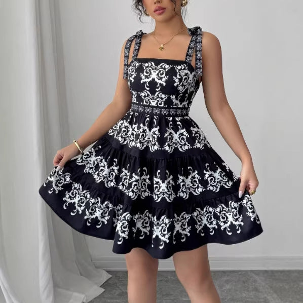 New Stylish Retro Minimalist Burnt-Flower Lace-Up Strap Black Short Dress
