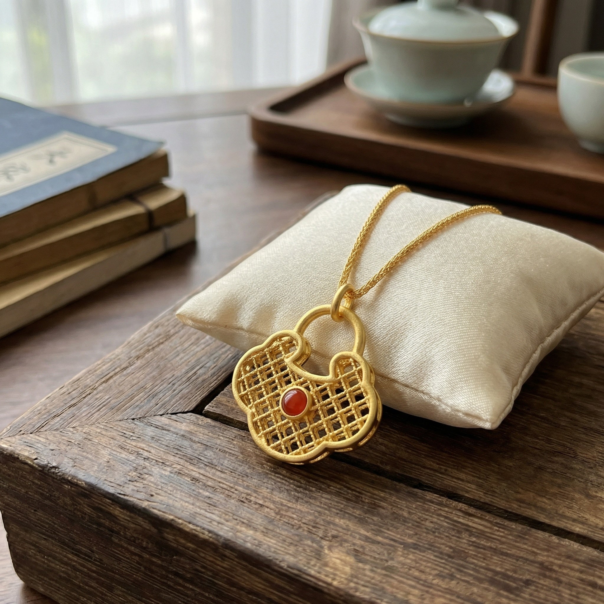 925 Sterling Silver Artistic Lattice Longevity Lock Pendant Featuring a Radiant Crimson Gemstone Center