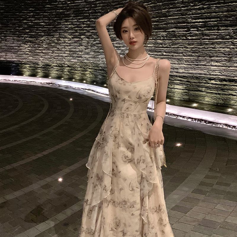 Ink-wash Floral Asymmetrical Waist-cinched Slip Dress
