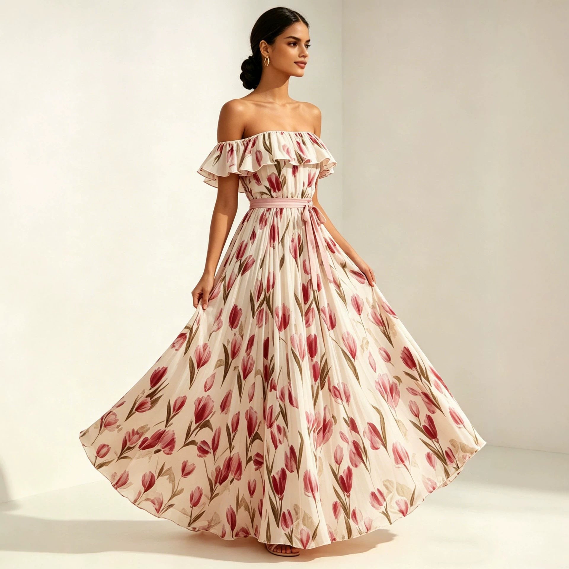 Women's Waist-Cinching Printed Maxi Dress