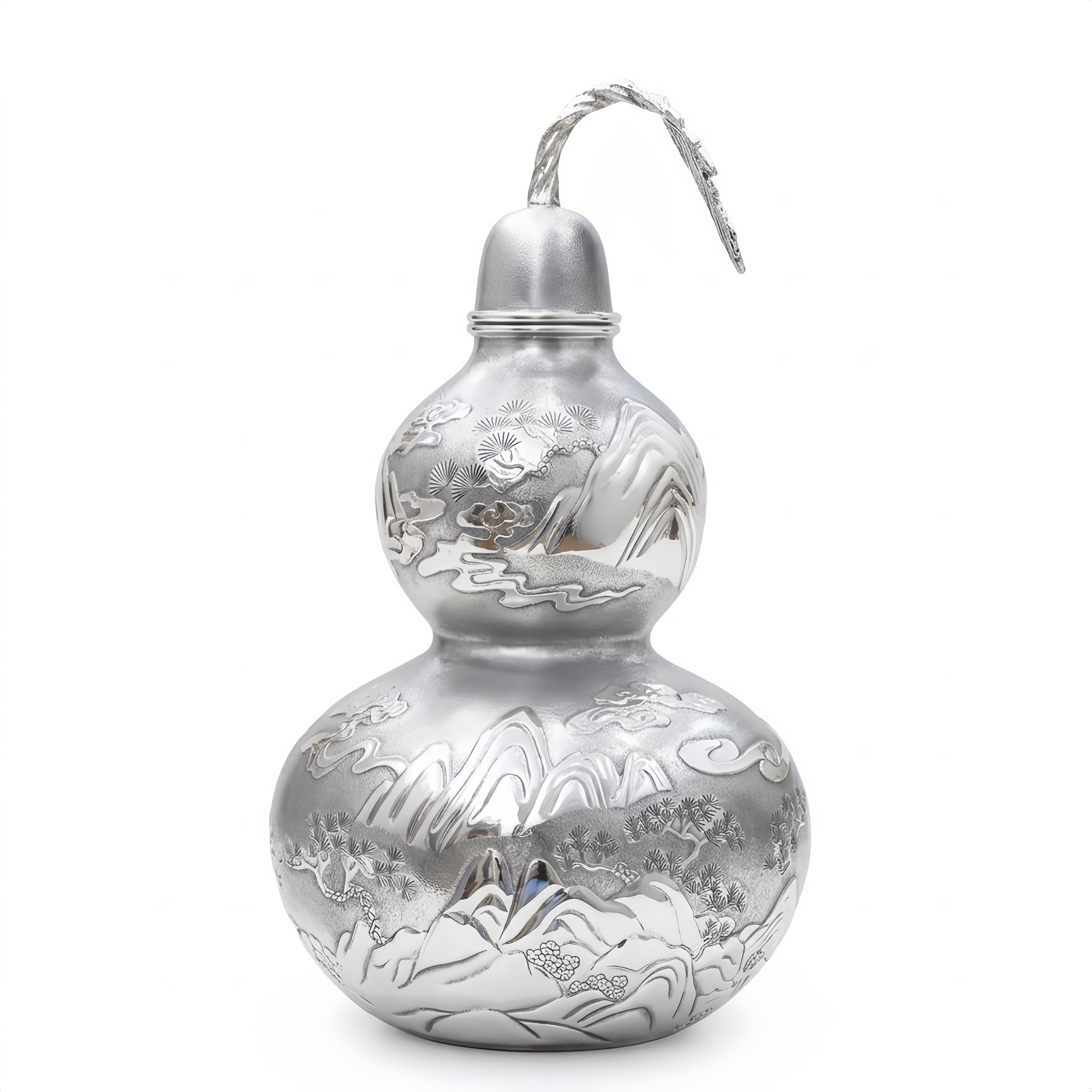 Pure 999 Fine Silver Elegant  Gourd Vessel with Intricate Landscape Engravings-Premium gourd - Handicraft