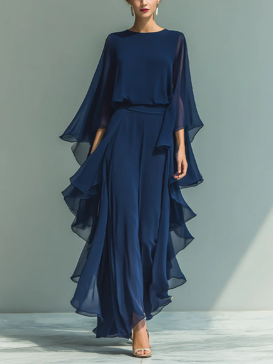Women's Ruffle Edge Wide-Leg Pants Set, Elegant Long Sleeve Two-Piece Casual Outfit