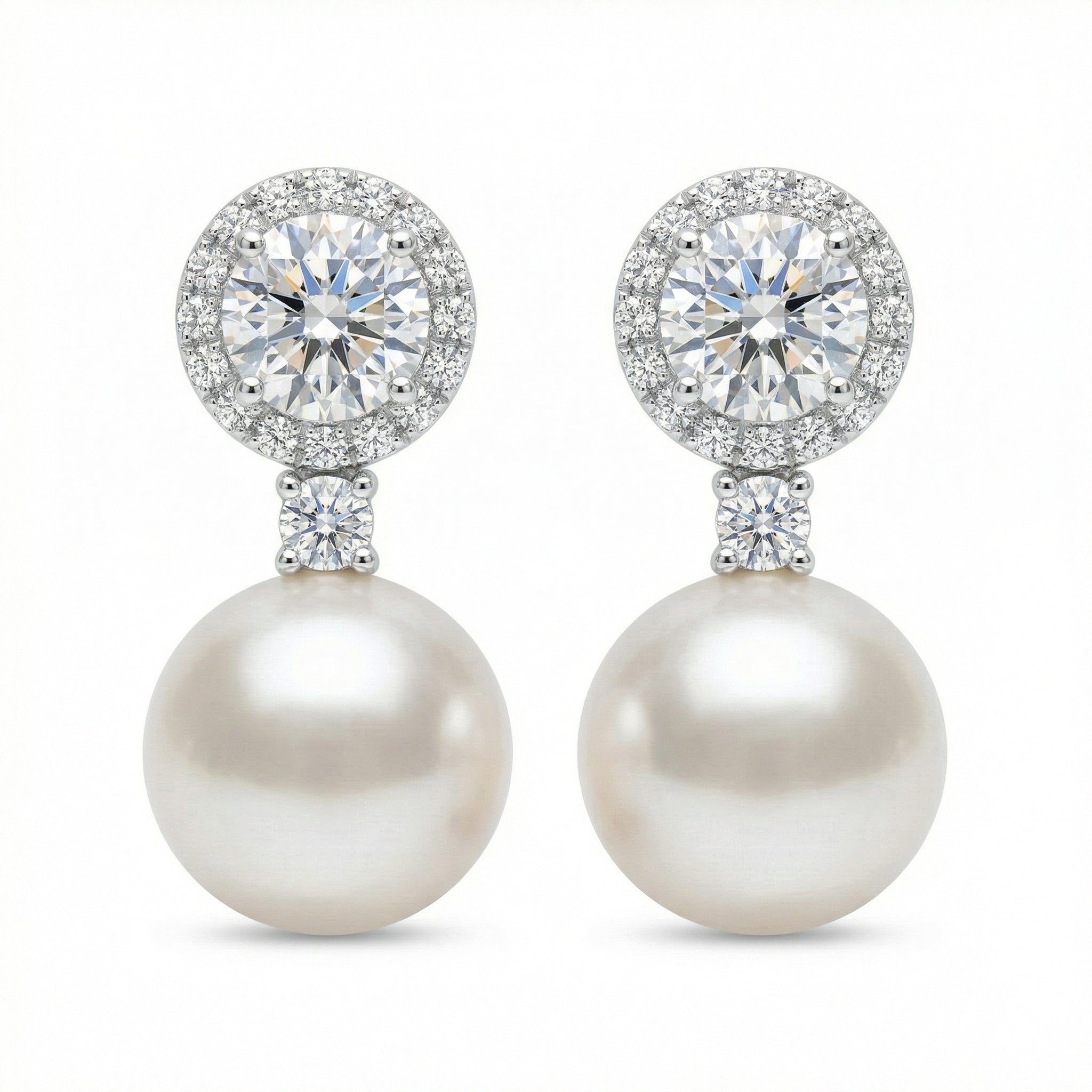 925 Sterling Silver Exquisite Round Diamond Halo with White Pearl Drop Earrings