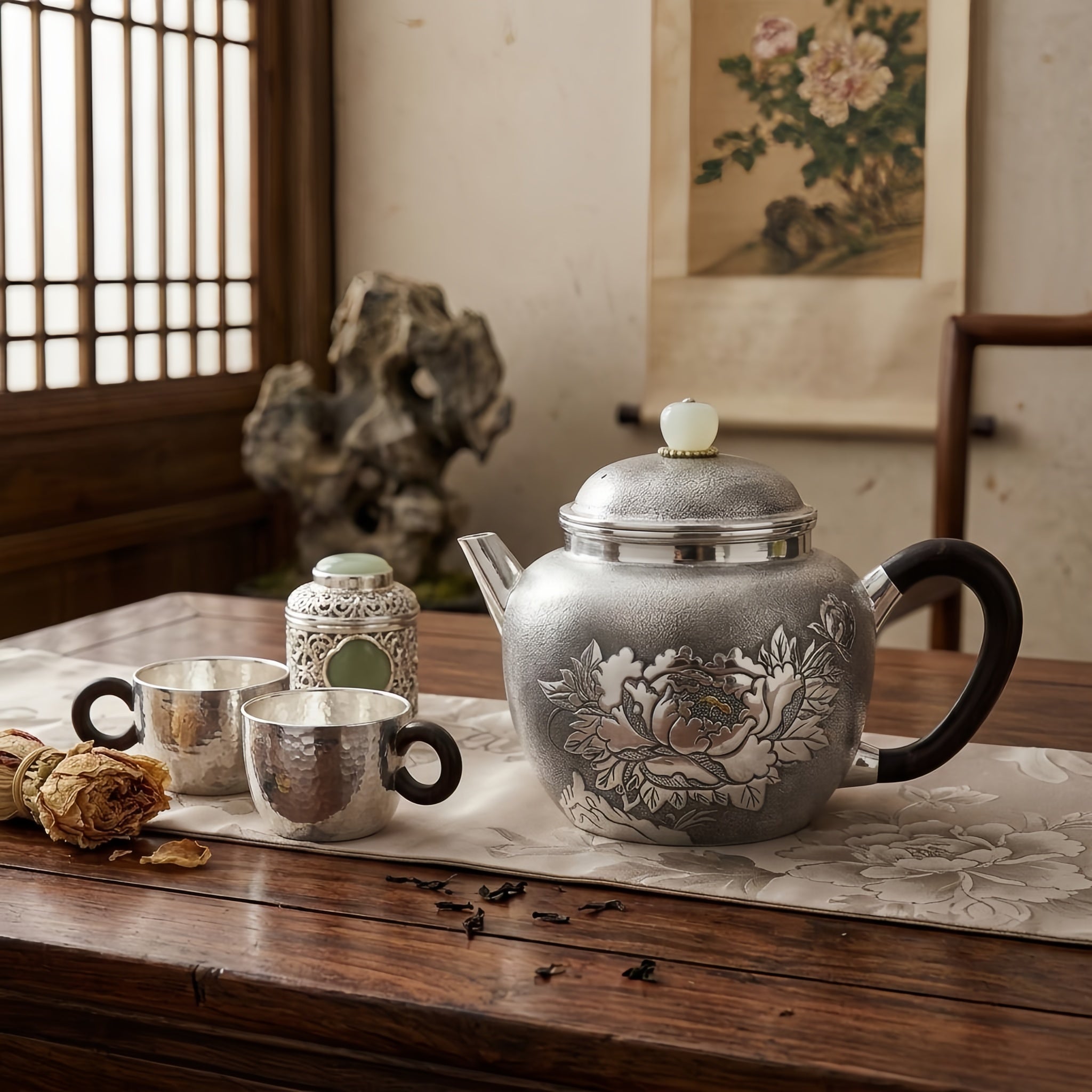 Pure 999 Fine Silver Handcrafted Silver Teapot with Exquisite Peony Engravings and Elegant Dark Handle - Handicraft