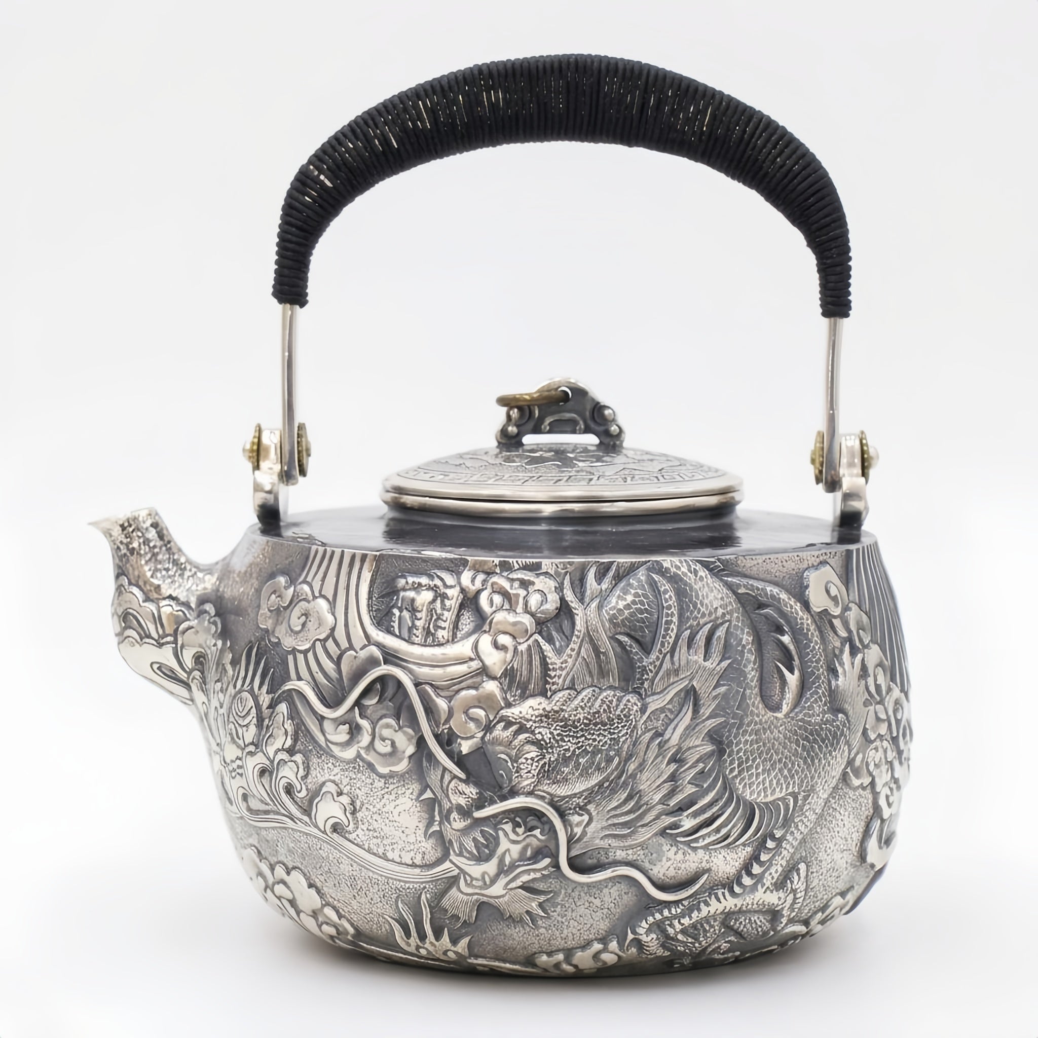 Pure 999 Fine Silver **Title:** Antique  Dragon Teapot with Intricate Carvings and Black Ribbed Handle-Fine large teapot - Handicraft