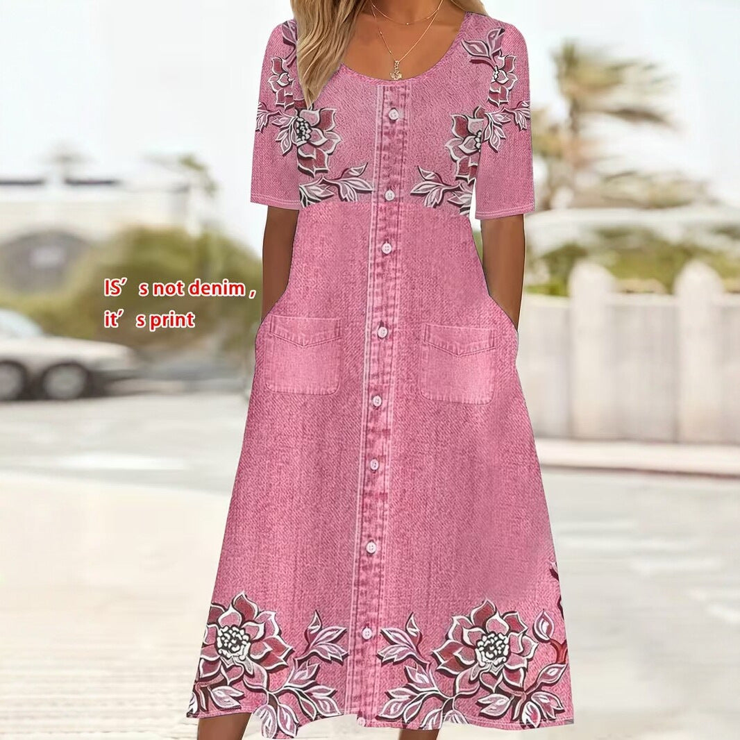 Womens Casual Round-Neck Printed Swing Dress