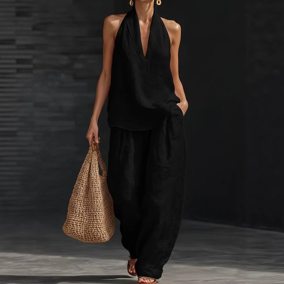 Spring And Summer New Arrival V-neck Halter Sleeveless Casual Women's Set