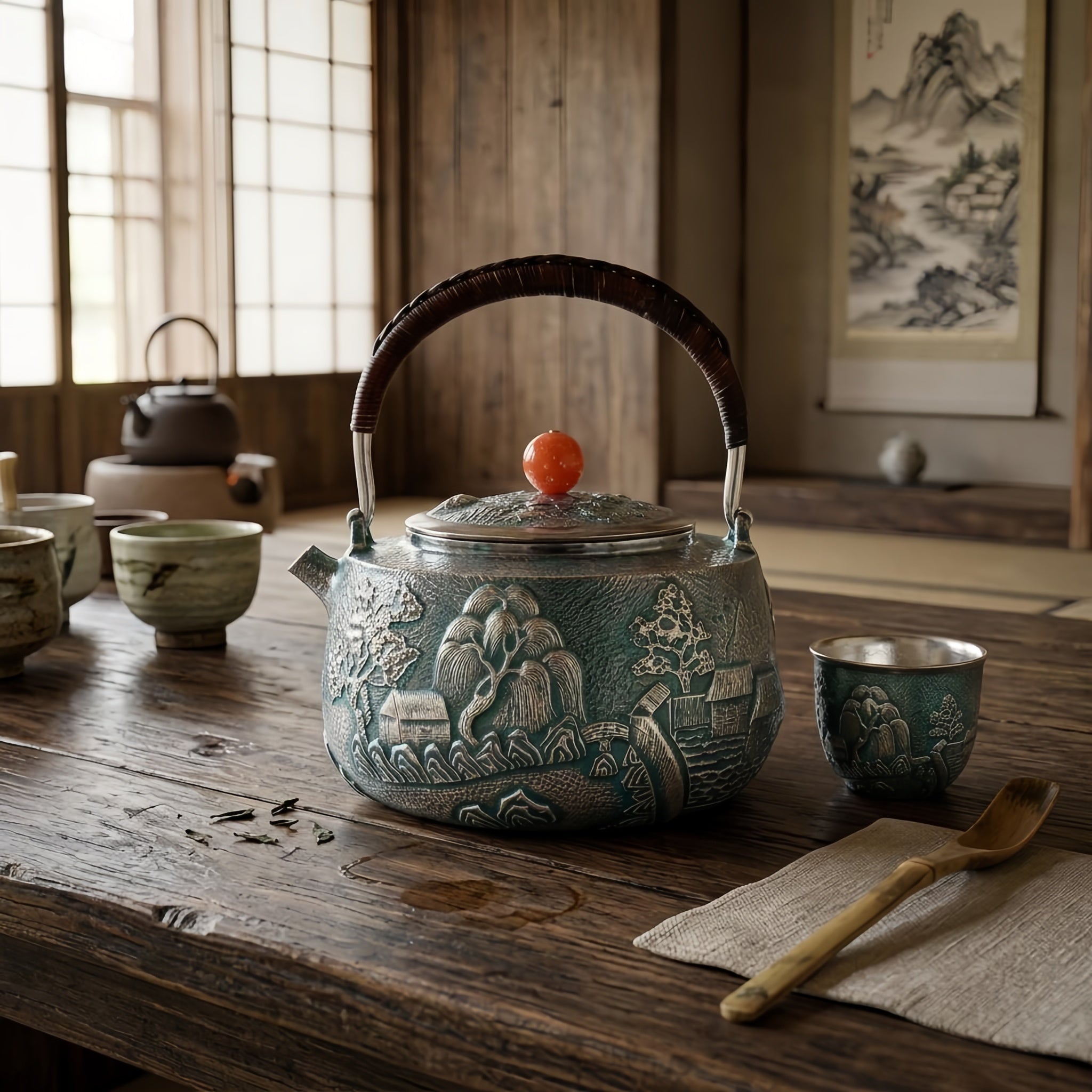 Pure 999 Fine Silver Japanese  Teapot with Engraved Landscape Artistry-Fine large teapot - Handicraft