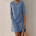 New Solid-Color Crew-Neck Long-Sleeve Loose Casual Pocket Dress