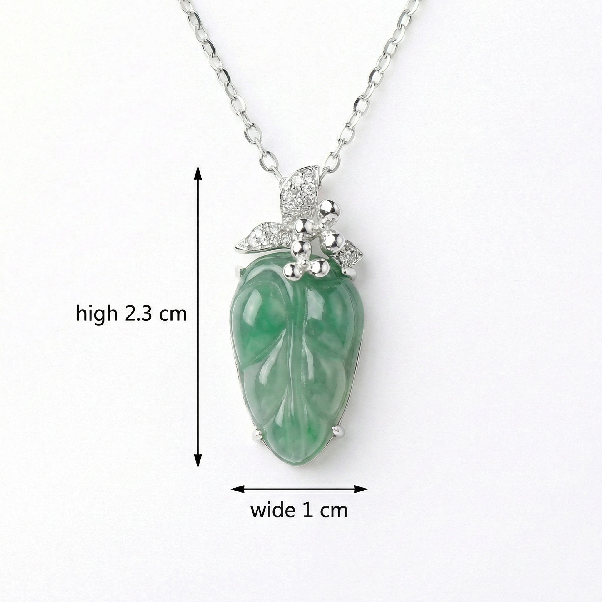 925 Sterling Silver Elegant Green Jade Leaf Pendant Necklace with Diamond Accents