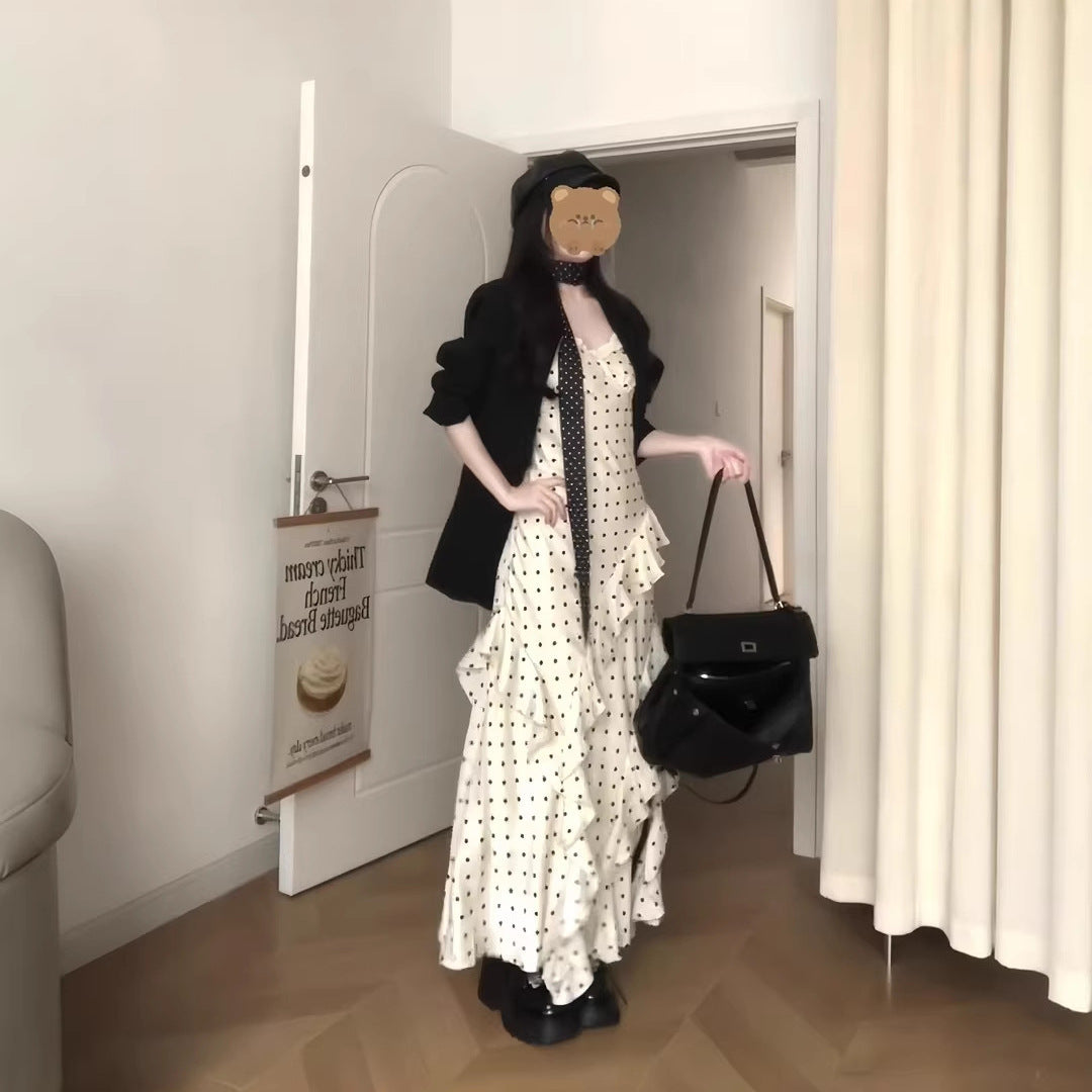 Suit Jacket And Polka-Dot Ruffle-Trimmed Dress Two-Piece Set