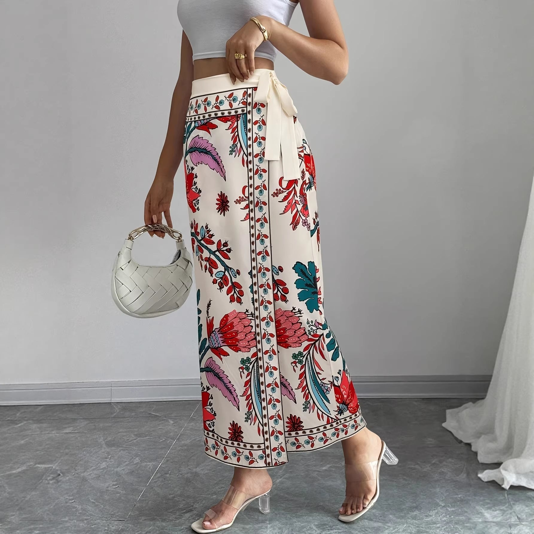 Printed High-Waisted Skirt Womens Fashion Tie-Up Long Dress