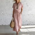 Short-sleeve V-neck Casual Cotton-linen Dress With A Belt