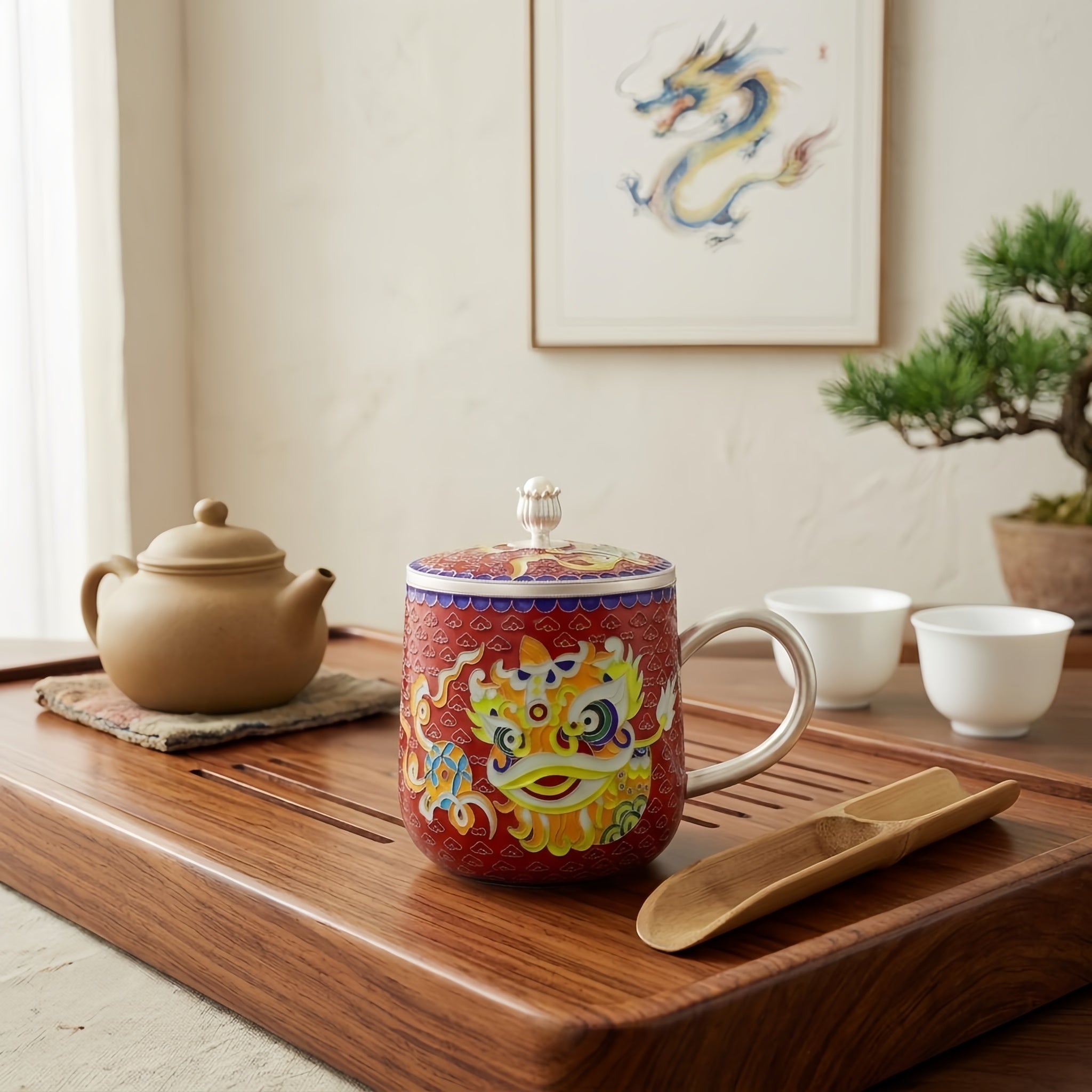 Pure 999 Fine Silver Chinese Lion Dance Enamel Mug: Traditional Artistry and Cultural Heritage-Premium Indigo Tea Mug - Handicraft