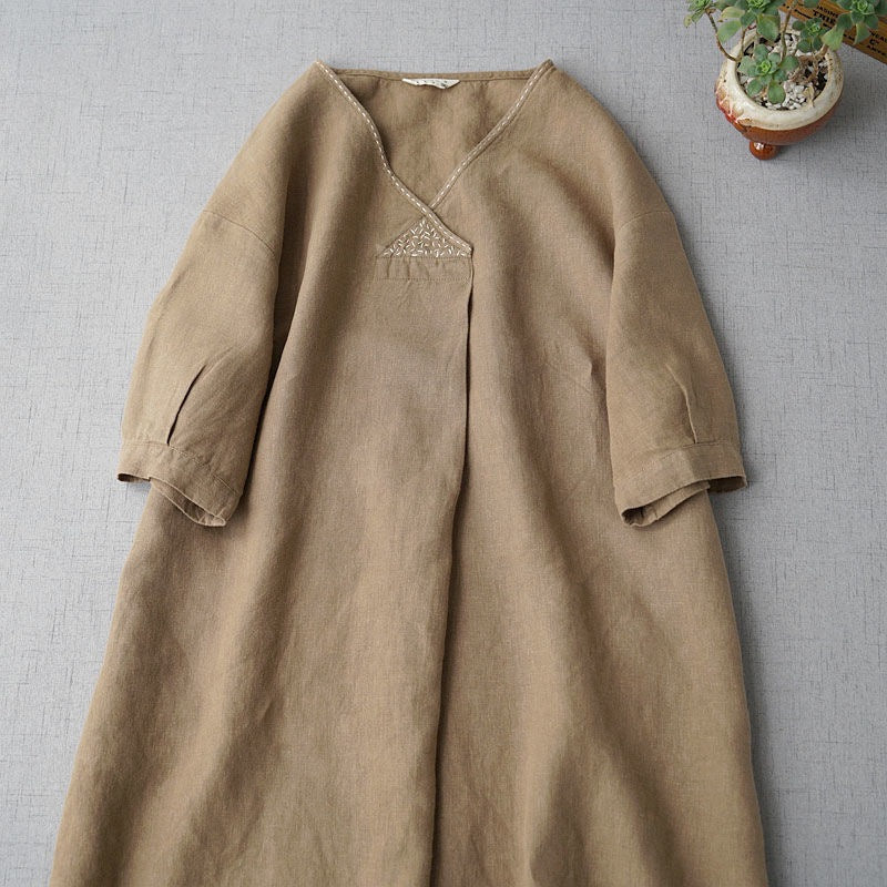 Summer New Arrival Commuter Linen Dress, Loose V-Neck Casual Literary Long Dress